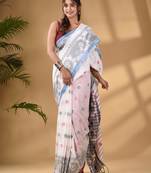 White Cotton Handwoven Saree With Paisley Border