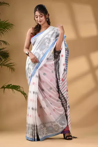 White Cotton Handwoven Saree With Paisley Border