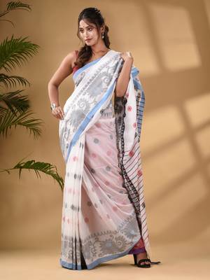 White Cotton Handwoven Saree With Paisley Border 3