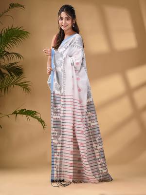 White Cotton Handwoven Saree With Paisley Border 4