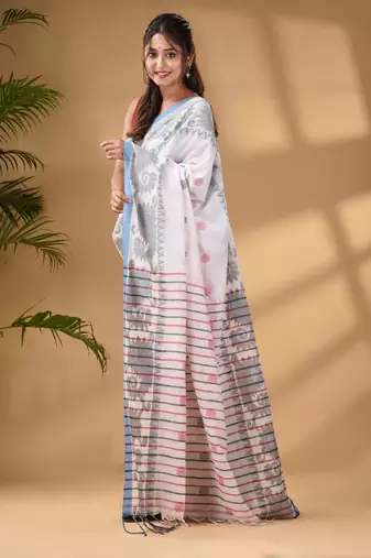 White Cotton Handwoven Saree With Paisley Border