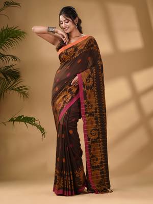 Brown Cotton Handwoven Saree With Paisley Border 1