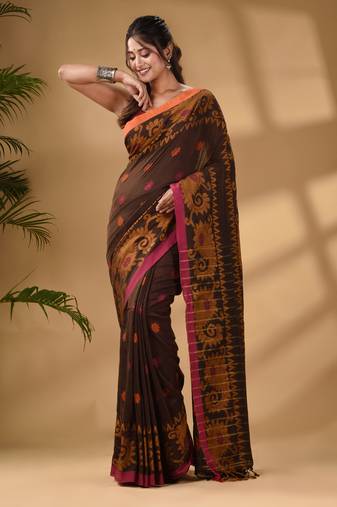 Brown Cotton Handwoven Saree With Paisley Border