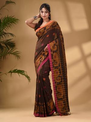 Brown Cotton Handwoven Saree With Paisley Border 2