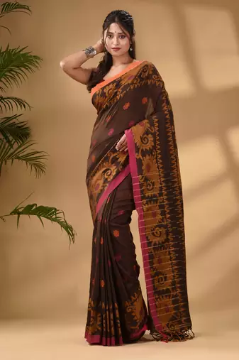 Brown Cotton Handwoven Saree With Paisley Border
