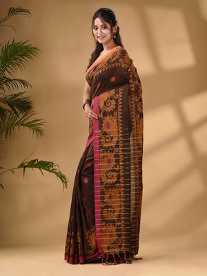 Brown Cotton Handwoven Saree With Paisley Border 3