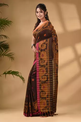 Brown Cotton Handwoven Saree With Paisley Border