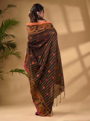 Brown Cotton Handwoven Saree With Paisley Border 4