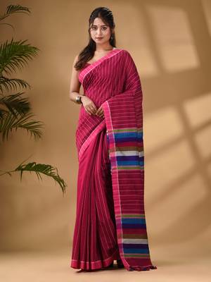 Pink Handwoven Kantha Style Cotton Silk Saree 1