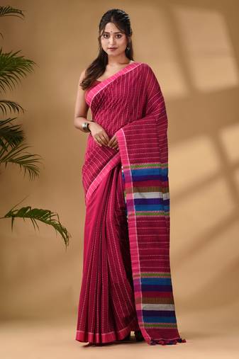 Pink Handwoven Kantha Style Cotton Silk Saree