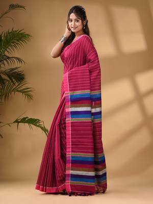 Pink Handwoven Kantha Style Cotton Silk Saree 2
