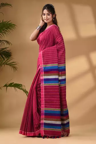 Pink Handwoven Kantha Style Cotton Silk Saree