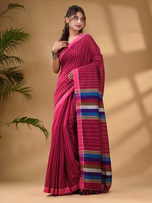 Pink Handwoven Kantha Style Cotton Silk Saree 3