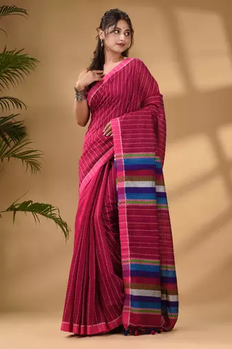 Pink Handwoven Kantha Style Cotton Silk Saree