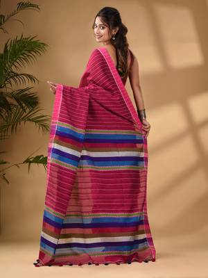 Pink Handwoven Kantha Style Cotton Silk Saree 4