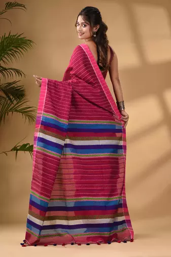 Pink Handwoven Kantha Style Cotton Silk Saree