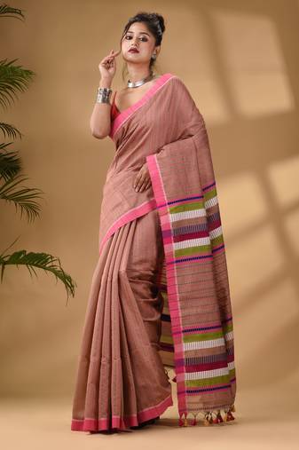 Beige Handwoven Kantha Style Cotton Silk Saree