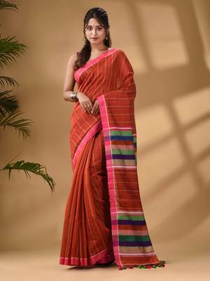 Brick Red Handwoven Kantha Style Cotton Silk Saree 1