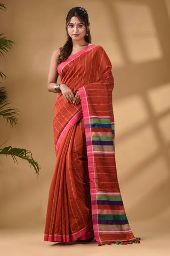 Brick Red Handwoven Kantha Style Cotton Silk Saree