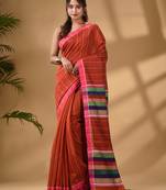 Brick Red Handwoven Kantha Style Cotton Silk Saree