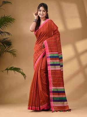 Brick Red Handwoven Kantha Style Cotton Silk Saree 2