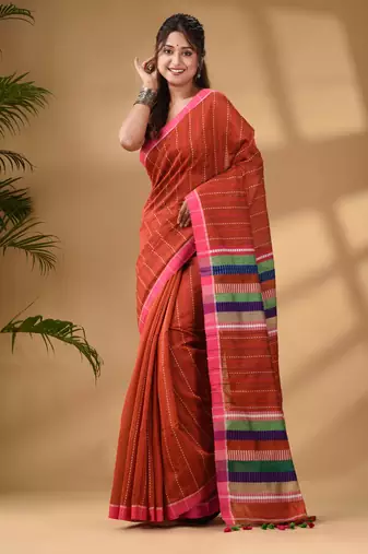 Brick Red Handwoven Kantha Style Cotton Silk Saree