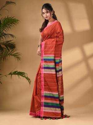 Brick Red Handwoven Kantha Style Cotton Silk Saree 3
