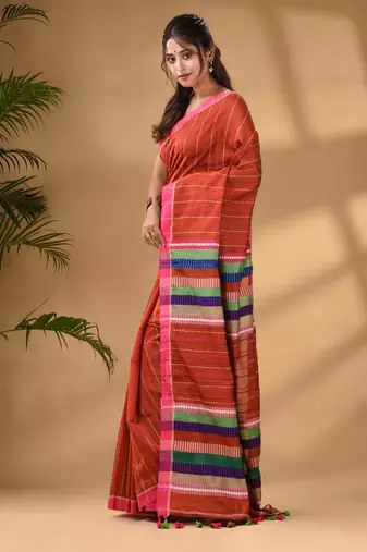 Brick Red Handwoven Kantha Style Cotton Silk Saree