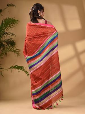 Brick Red Handwoven Kantha Style Cotton Silk Saree 4