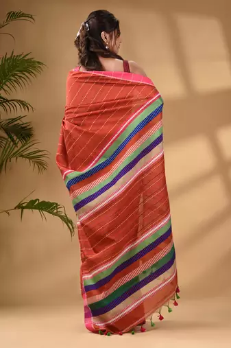 Brick Red Handwoven Kantha Style Cotton Silk Saree