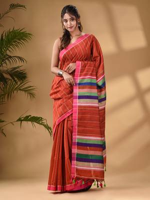 Brick Red Handwoven Kantha Style Cotton Silk Saree 5