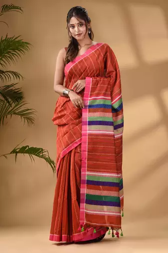 Brick Red Handwoven Kantha Style Cotton Silk Saree