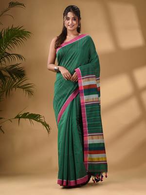 Green Handwoven Kantha Style Cotton Silk Saree 1