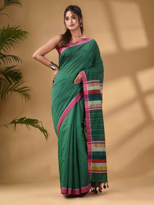 Green Handwoven Kantha Style Cotton Silk Saree 2