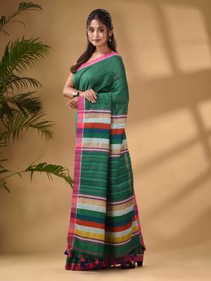 Green Handwoven Kantha Style Cotton Silk Saree 3