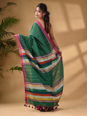 Green Handwoven Kantha Style Cotton Silk Saree 4