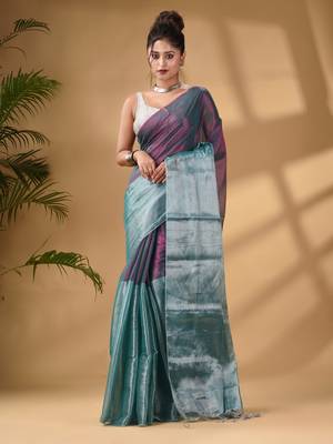 Teal And Purple Tissue Handwoven Soft Saree 1