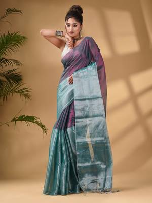 Teal And Purple Tissue Handwoven Soft Saree 2