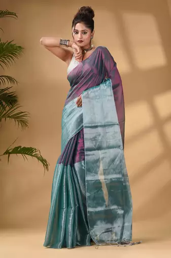 Teal And Purple Tissue Handwoven Soft Saree