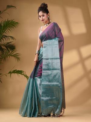 Teal And Purple Tissue Handwoven Soft Saree 3