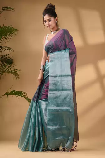 Teal And Purple Tissue Handwoven Soft Saree