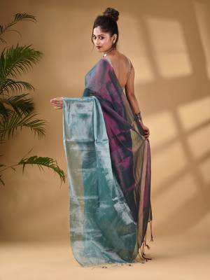 Teal And Purple Tissue Handwoven Soft Saree 4