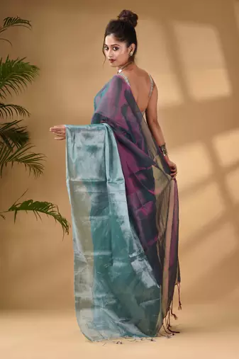 Teal And Purple Tissue Handwoven Soft Saree