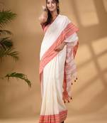 Baby White Cotton Handwoven Saree With Texture Border