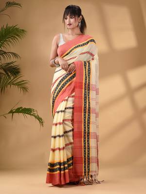 Light Yellow Cotton Handwoven Saree With Texture Border 1