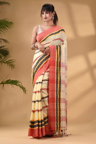 Light Yellow Cotton Handwoven Saree With Texture Border