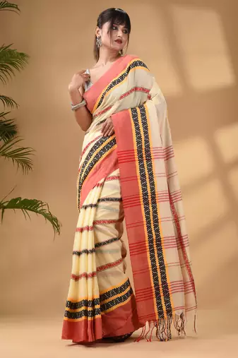 Light Yellow Cotton Handwoven Saree With Texture Border