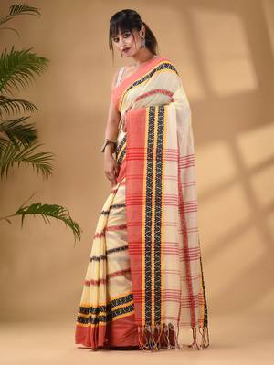 Light Yellow Cotton Handwoven Saree With Texture Border 3