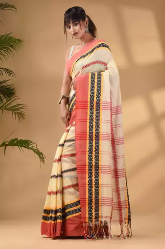 Light Yellow Cotton Handwoven Saree With Texture Border
