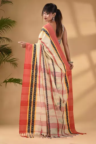 Light Yellow Cotton Handwoven Saree With Texture Border